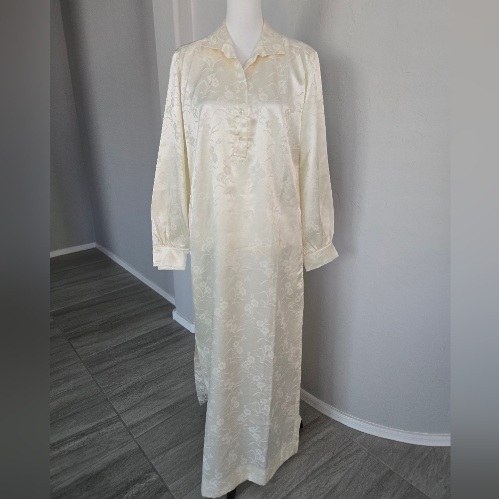 Vintage Christian Dior Nightgown Long Off White Satin Floral Granny Women’s Sz M